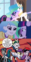 Size: 830x1660 | Tagged: safe, idw, screencap, king sombra, princess celestia, principal celestia, twilight sparkle, twilight sparkle (alicorn), alicorn, equestria girls, princess twilight sparkle (episode), spoiler:comic, bristling fur, comparison, cutie mark accessory, evil celestia, evil luna, good king sombra, king sombra is not amused, mirror universe, momlestia fuel, twilight cat, twilight is not amused, unamused