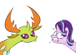 Size: 1760x1280 | Tagged: safe, artist:phat_guy, derpibooru exclusive, starlight glimmer, thorax, changedling, changeling, pony, unicorn, triple threat, duckface, duo, effort, faic, female, gritted teeth, king thorax, long neck, male, mare, pain, simple background, stretching, sweat, sweatdrops, transparent background, tryhard