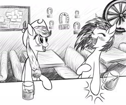 Size: 2000x1670 | Tagged: safe, artist:furor1, applejack, dj pon-3, vinyl scratch, earth pony, pony, unicorn, alcohol, bar, horseshoes, pub