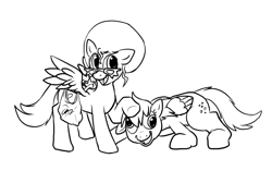 Size: 799x538 | Tagged: safe, artist:c0nker, derpy hooves, oc, pegasus, pony, bag, female, glasses, mare, monochrome