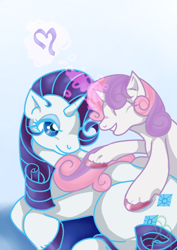 Size: 430x607 | Tagged: safe, artist:cherrypumkin, rarity, sweetie belle, pony, unicorn, magic, ribbon, sisters