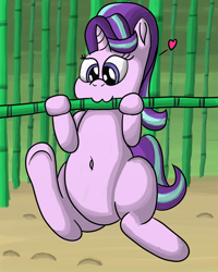 Size: 2400x3000 | Tagged: safe, artist:saburodaimando, starlight glimmer, pony, unicorn, :3, bamboo, behaving like a panda, belly button, cute, eating, female, glimmerbetes, heart, mare, nom