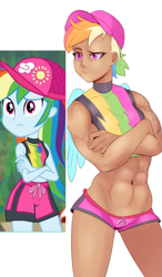 Size: 877x1497 | Tagged: safe, artist:sundown, derpibooru import, rainbow dash, human, better together, equestria girls, forgotten friendship, abs, board shorts, breasts, clothes, delicious flat chest, female, humanized, muscles, rainbow flat, rainbuff dash, scene interpretation, shorts, solo, sports bra, swimsuit, winged humanization, wings