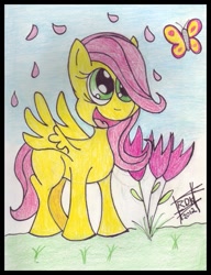 Size: 477x620 | Tagged: safe, artist:rdk, fluttershy, butterfly, pegasus, pony, childhood, filly, foal, solo, traditional art