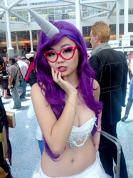 Size: 764x1024 | Tagged: safe, artist:cyntheawindervaux, rarity, human, 2013, anime expo, belly button, bellyring, cleavage, convention, cosplay, female, glasses, irl, irl human, midriff, photo, rave