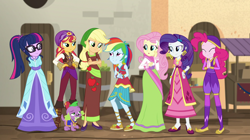 Size: 1912x1072 | Tagged: safe, derpibooru import, screencap, applejack, fluttershy, pinkie pie, rainbow dash, rarity, sci-twi, spike, spike the regular dog, sunset shimmer, twilight sparkle, dog, equestria girls, movie magic, spoiler:eqg specials, boots, clothes, costume, dress, female, humane five, humane seven, humane six, india movie set, paws, shoes, skirt, sunshim