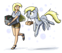 Size: 1280x1102 | Tagged: safe, artist:king-kakapo, derpy hooves, human, pegasus, pony, abstract background, clothes, female, human female, human ponidox, humanized, mare, mouth hold, sandals, self ponidox, unshorn fetlocks