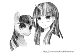 Size: 591x423 | Tagged: safe, artist:tsurukinoki, derpibooru import, twilight sparkle, bust, duality, grayscale, horned humanization, human ponidox, humanized, monochrome, portrait