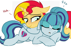 Size: 800x531 | Tagged: safe, artist:tambelon, sonata dusk, sunset shimmer, pegasus, pony, unicorn, equestria girls, blushing, cuddling, cute, daaaaaaaaaaaw, equestria girls ponified, female, hnnng, lesbian, mare, ponified, pony pillow, shimmerbetes, shipping, sleeping, snuggling, sonatabetes, sunata, watermark, zzz