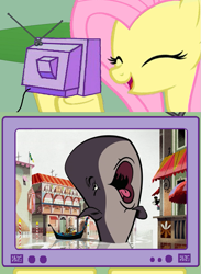 Size: 563x771 | Tagged: safe, fluttershy, pegasus, pony, whale, exploitable meme, happy, meme, mickey mouse, minnie mouse, new mickey mouse shorts, o sole minnie, obligatory pony, tv meme, willie the whale