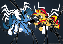 Size: 1609x1133 | Tagged: safe, artist:gamerpen, sunset shimmer, oc, oc:mix-up, pony, crossover, date, marvel comics, symbiote, vector, venom