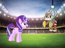 Size: 2000x1473 | Tagged: safe, artist:arcgaming91, starlight glimmer, monkey, pony, unicorn, crossover, cuphead, fight, mr. chimes