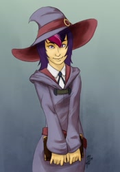 Size: 525x750 | Tagged: safe, artist:scorpiordinance, derpibooru import, twilight sparkle, human, belt, book, clothes, crossover, cute, dress, hat, humanized, little witch academia, witch hat