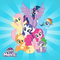 Size: 500x500 | Tagged: safe, derpibooru import, applejack, fluttershy, pinkie pie, rainbow dash, rarity, spike, twilight sparkle, twilight sparkle (alicorn), alicorn, dragon, earth pony, pegasus, pony, unicorn, my little pony: the movie, happy, looking at you, mane seven, mane six, my little pony logo, official