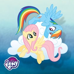 Size: 500x500 | Tagged: safe, derpibooru import, fluttershy, rainbow dash, pegasus, pony, cloud, duo, my little pony logo, official, smiling