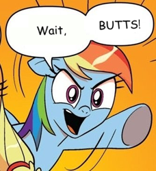 Size: 334x366 | Tagged: safe, derpibooru import, edit, rainbow dash, earth pony, pegasus, pony, blonde mane, blue coat, blue wings, butts, dialogue, exploitable meme, female, mare, meme, multicolored hair, obligatory pony, open mouth, orange background, pointing, raised hoof, raised leg, simple background, smiling, speech bubble, two words meme, underhoof, wings