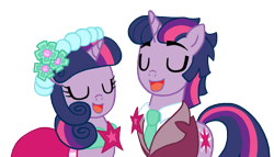 Size: 1093x624 | Tagged: safe, artist:reina-del-caos, derpibooru import, dusk shine, twilight sparkle, bridesmaid dress, clothes, dress, duet, rule 63, self ponidox, singing, suit