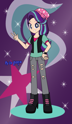 Size: 745x1263 | Tagged: safe, artist:bluepicture070881, starlight glimmer, equestria girls, beanie, cutie mark, cutie mark background, hat, human coloration, light skin, peace sign, solo