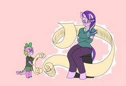 Size: 4680x3196 | Tagged: safe, artist:franschesco, spike, starlight glimmer, anthro, dragon, unguligrade anthro, unicorn, anatomically incorrect, clothes, female, glasses, glowing horn, incorrect leg anatomy, list, magic, mare, pants, pink background, shirt, shorts, simple background