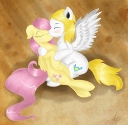 Size: 600x588 | Tagged: safe, artist:astralispl, fluttershy, oc, pegasus, pony, canon x oc, commission, no mouth, shipping