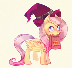 Size: 869x813 | Tagged: safe, artist:cappydarn, fluttershy, pegasus, pony, bag, hat, mouth hold, solo