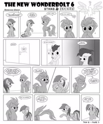 Size: 1600x1917 | Tagged: safe, artist:marmorexx, derpibooru import, rainbow dash, soarin', spitfire, pegasus, pony, comic:the new wonderbolt, comic, implied soarindash, monochrome, sad, shipping denied, sudden realization