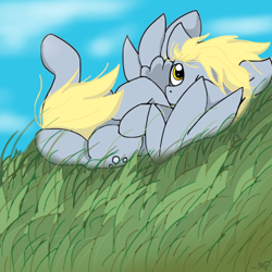 Size: 600x600 | Tagged: safe, artist:downburst-backspace, derpy hooves, pegasus, pony, female, grass, mare, on back, solo, windswept mane