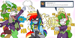 Size: 3069x1584 | Tagged: safe, artist:blackbewhite2k7, derpibooru import, discord, rainbow dash, oc, oc:banana pie, pegasus, pony, angry, ask, banana, batman, batmare, crossover, firing, food, gun, jokercord, laughing, magic, parody, rain, silly, silly pony, the joker, tumblr, weapon