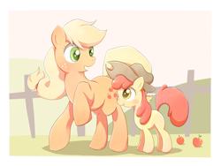 Size: 1024x768 | Tagged: safe, artist:raibo, apple bloom, applejack, earth pony, pony, accessory swap, pixiv