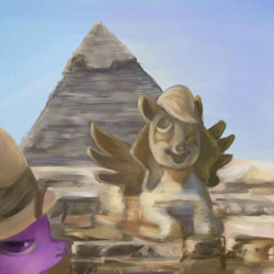 Size: 500x500 | Tagged: safe, artist:suranon, derpy hooves, twilight sparkle, pegasus, pony, sphinx, female, hat, mare, pyramid