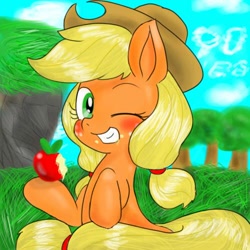 Size: 500x500 | Tagged: safe, artist:wonton soup, applejack, earth pony, pony, apple, obligatory apple, smiling, solo, wink