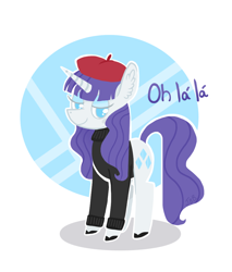 Size: 890x1045 | Tagged: safe, artist:jellybeanbullet, rarity, pony, unicorn, beatnik rarity, beret, clothes, french, hat, smiling, solo