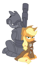 Size: 1353x2246 | Tagged: safe, artist:vanripper, applejack, oc, oc:steelhooves, earth pony, pony, fallout equestria, applejack's hat, applesnack, armor, back to back, canon x oc, clothes, cowboy hat, fanfic, fanfic art, female, gun, hat, hooves, jacket, machine gun, male, mare, ministry mares, ministry of wartime technology, power armor, simple background, sitting, stallion, steel ranger, transparent background, vector, weapon