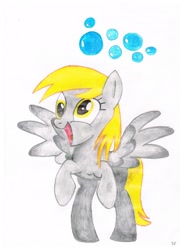 Size: 1700x2338 | Tagged: safe, derpy hooves, pegasus, pony, bubble, cutie mark, derp, female, happy, mare, open mouth, simple background, smiling, solo, spread wings, traditional art, white background, wings