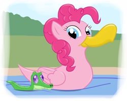 Size: 1910x1526 | Tagged: safe, artist:mistergi, gummy, pinkie pie, duck, pond, species swap, water