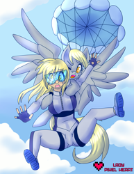 Size: 2975x3850 | Tagged: safe, artist:ladypixelheart, derpy hooves, human, air ponyville, clothes, falling, flying, goggles, hug, human ponidox, humanized, jumpsuit, parachute, skydiving