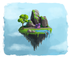 Size: 900x720 | Tagged: safe, artist:lollipony, starlight glimmer, pony, unicorn, cloud, female, floating, floating island, island, mare, moss, pond, question mark, rock, sky, solo, tree, water, waterfall