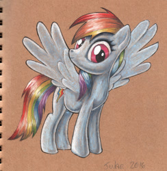 Size: 900x921 | Tagged: safe, artist:andpie, derpibooru import, rainbow dash, pegasus, pony, female, looking at you, mare, signature, simple background, solo, spread wings, traditional art, wings