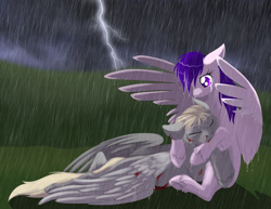 Size: 1000x773 | Tagged: safe, artist:foxenawolf, oc, oc only, oc:airbrush, oc:screampony, crying, lightning, outdoors, rain, unshorn fetlocks