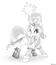 Size: 928x1072 | Tagged: safe, artist:mlpanon, rarity, pony, unicorn, ancient wonderbolts uniform, boots, clothes, costume, female, grayscale, hat, mare, monochrome, sgt. rarity, shako, shoes, simple background, solo, uniform, white background