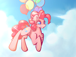 Size: 2400x1800 | Tagged: safe, artist:novabytes, pinkie pie, earth pony, pony, balloon, cute, flying, sky, smiling, then watch her balloons lift her up to the sky