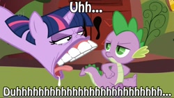 Size: 1200x676 | Tagged: safe, artist:blue-von, derpibooru import, spike, twilight sparkle, dragon, caption, drawn together, drool, frown, glare, open mouth, tongue out, unamused, voice actor joke