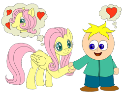 Size: 900x700 | Tagged: safe, artist:lycanianspike, butterscotch, fluttershy, pegasus, pony, butters stotch, crossover, crossover shipping, flutterbutters, heart, pun, rule 63, south park