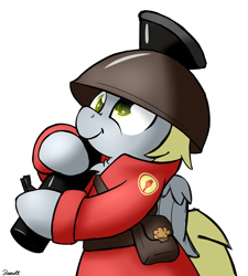 Size: 1350x1500 | Tagged: safe, artist:ramott, derpy hooves, pony, bipedal, clothes, crossover, cute, derpabetes, derpy soldier, soldier, solo, team fortress 2, weapon