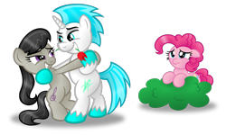 Size: 1588x951 | Tagged: safe, artist:aleximusprime, octavia melody, pinkie pie, oc, oc:cryo, earth pony, pony, bipedal, canon x oc, cute, dancing, ice, rose, simple background, transparent background