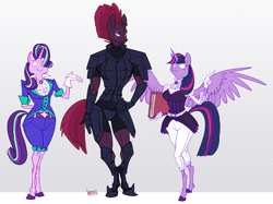 Size: 1200x897 | Tagged: safe, artist:ursa, fizzlepop berrytwist, starlight glimmer, tempest shadow, twilight sparkle, twilight sparkle (alicorn), alicorn, anthro, unguligrade anthro, my little pony: the movie, amazon, armor, broken horn, clothes, colored hooves, gloves, gradient background, hand on hip, realistic horse legs, size comparison