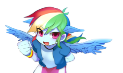 Size: 700x420 | Tagged: safe, alternate version, artist:youhoujou, derpibooru import, rainbow dash, human, equestria girls, clothes, female, four ears, looking at you, ponied up, simple background, solo, white background