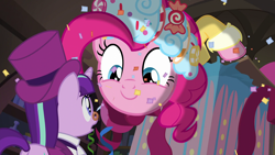 Size: 1920x1080 | Tagged: safe, screencap, pinkie pie, snowfall frost, starlight glimmer, earth pony, pony, a hearth's warming tail, duo, hat, spectacles, spirit of hearth's warming presents, top hat