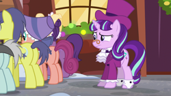Size: 1920x1080 | Tagged: safe, screencap, bonnie rose, comet tail, snowfall frost, starlight glimmer, pony, a hearth's warming tail, background pony, context is for the weak, evening stroll, hat, paraviolet, plot, spectacles, top hat, unnamed pony
