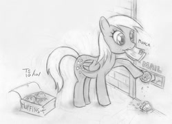 Size: 900x650 | Tagged: safe, artist:tommysimms, derpy hooves, pegasus, pony, /co/, artifact, eating, female, letter, mare, monochrome, mouth hold, muffin, nom, solo, traditional art